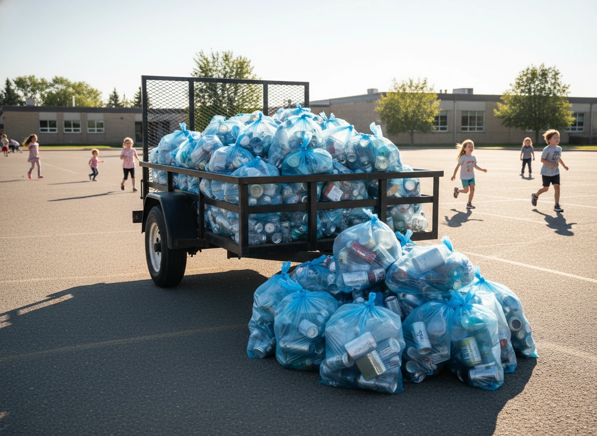 A community bottle drive in a Canadian school parking lot — bags of cans lined up beside a utility trailer