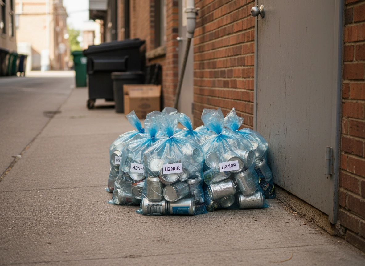 Recycling bags stacked beside a back-alley loading bay behind an Edmonton restaurant after close
