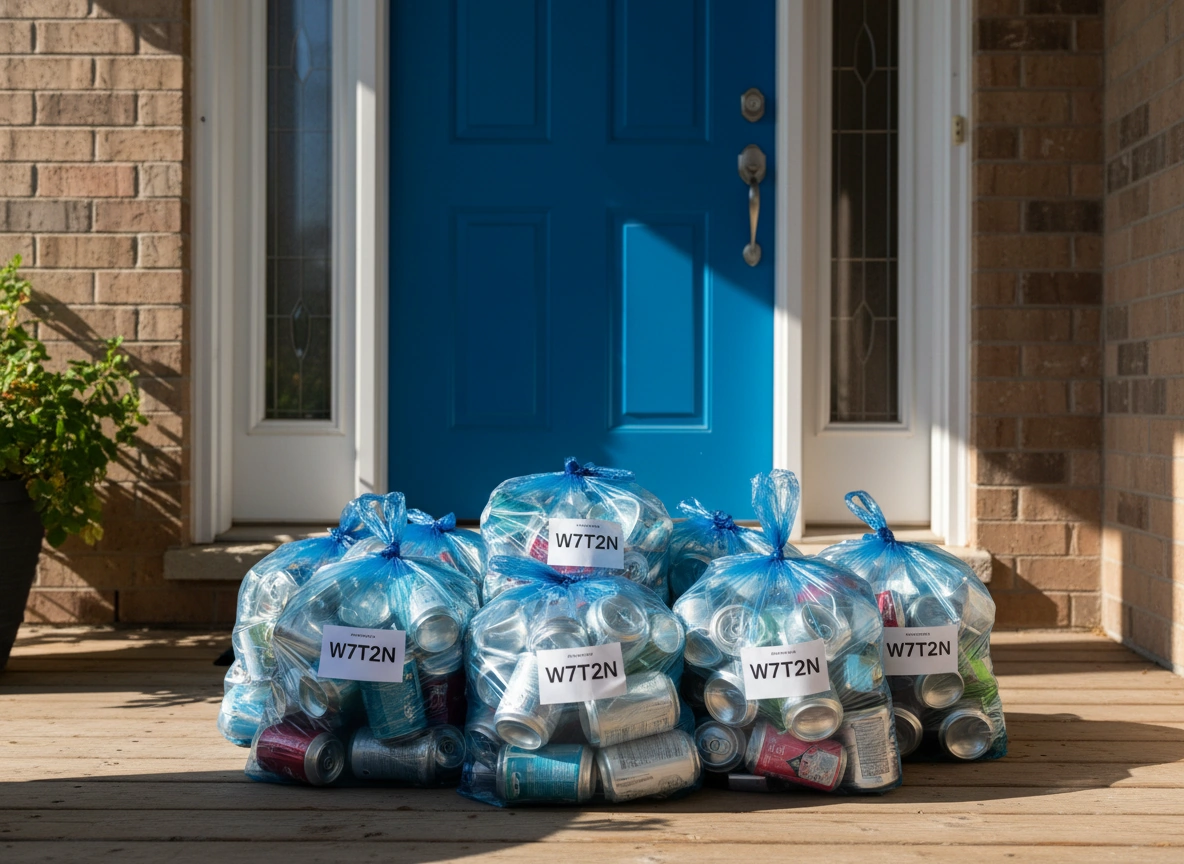 Blue recycling bags of bottles and cans on a front porch in Sherwood Park, Alberta